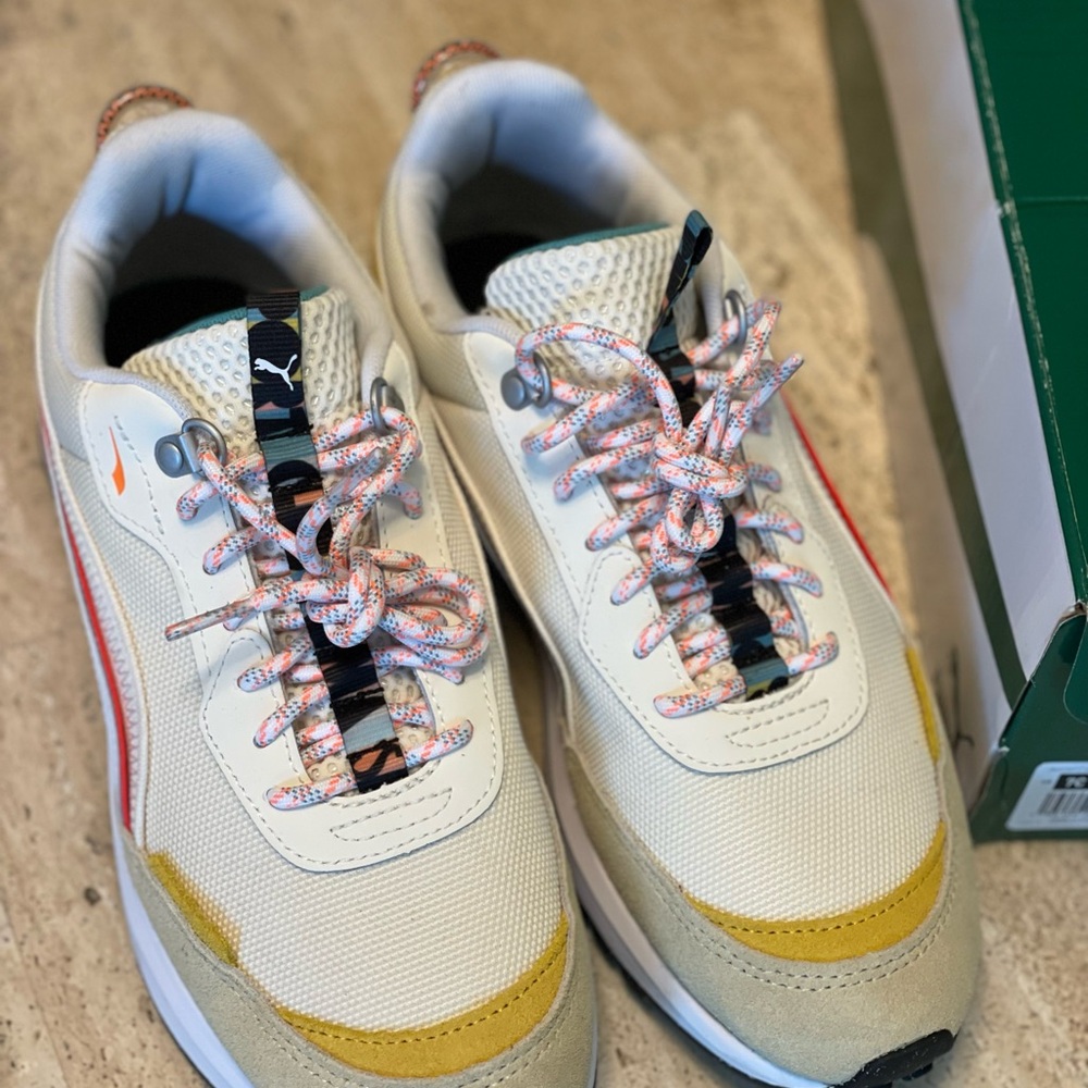 Puma City Rider Big Kid’s Cream and Yellow Sneakers with Colorful Laces